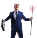 Evil devil businessman with pitchfork isolated on white backgrou