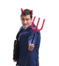 Evil devil businessman with pitchfork isolated on white backgrou Royalty Free Stock Photo