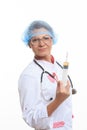 Evil doctor with big syringe Royalty Free Stock Photo