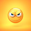 Evil emoji isolated on yellow background, mischievous emoticon 3d rendering