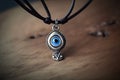 evil eye amulet, hanging from leather strap, with silver charm