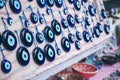 Evil eye bead protection amulet in the shop or market. One of the most popular souvenirs from Istanbul, Turkey 2019-08