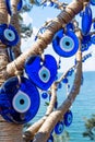Evil eye beads closeup. Nazar beads. Turkish tourist souvenir, Istanbul, Turkey