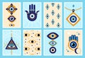 Evil eye covers design. Turkish protection symbols, greek abstract talisman. Contemporary decorative cards graphic art