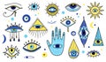 Evil eyes icon set, various talismans in hand drawn style.