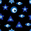 Evil eye Heavenly seamless pattern with suns, moons, stars, palms. For textiles, souvenirs, household goods.