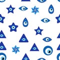 Evil eye Heavenly seamless pattern with suns, moons, stars, palms. For textiles, souvenirs, household goods. Royalty Free Stock Photo