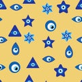 Evil eye Heavenly seamless pattern with suns, moons, stars, palms. For textiles, souvenirs, household goods.