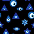 Evil eye Heavenly seamless pattern with suns, moons, stars, palms. For textiles, souvenirs, household goods.