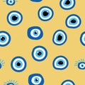 Evil eye Heavenly seamless pattern with suns, moons, stars, palms. For textiles, souvenirs, household goods.