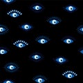 Evil eye Heavenly seamless pattern with suns, moons, stars, palms. For textiles, souvenirs, household goods.