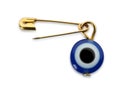 Evil eye safety pin on white background, top view Royalty Free Stock Photo