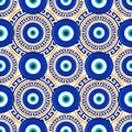 Evil eye seamless pattern. Symbol of protection in Turkey and Greece. Background with blue nazar talismans. Blue bead