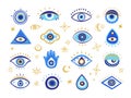 Evil eye symbols. Mystic Greek and Turkish eyes of evil malevolent glare, spiritual hamsa hand and magic amulet vector