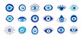 Evil eye talisman icons. Turkish or greek eye symbols. Greece ethnic magic amulet. Mystical blue hamsa icons set in hand