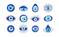 Evil eye talisman icons. Turkish or greek eye symbols. Greece ethnic magic amulet. Mystical blue hamsa icons set in hand