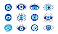 Evil eye talisman icons. Turkish or greek eye symbols. Greece ethnic magic amulet. Mystical blue hamsa icons set in hand