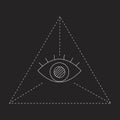 A evil eye and triangle with white outline dotted as occultism and mysticism, a linear stock illustration isolated on black