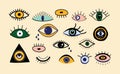 Evil eyes set. Hand drawn abstract talismans, doodle eye shapes cartoon greek style. Trendy vector illustration