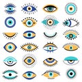 Evil eyes symbols. Illuminati tattoo graphic sketch hipster ethnic traditional vector pictures