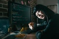 Evil female hacker showing bitcoin and smiling