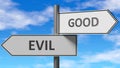 Evil and good as a choice - pictured as words Evil, good on road signs to show that when a person makes decision he can choose Royalty Free Stock Photo