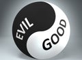 Evil and good in balance - pictured as words Evil, good and yin yang symbol, to show harmony between Evil and good, 3d