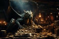evil green dragon on pile of gold coins and treasures in cave. Greeting card for the new year 2024. Generative AI