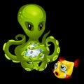 Evil green octopus with magic sphere and goldfish