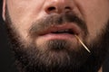 evil grin close-up, bearded face of man with toothpick in teeth, concept of evil emotions of bandit, danger and