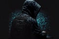 evil hacker in black hood and mask on dark black-cyan data background, neural network generated art