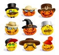 Evil halloween pumpkins, cartoon personages, crazy pumpkin symbols set