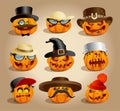 Evil halloween pumpkins set, cartoon personages, crazy pumpkin symbols set