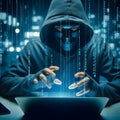 Evil hooded masked hacker scammer with laptop digital matrix rain