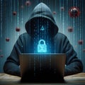 Evil hooded masked scammer with laptop digital matrix rain viruses
