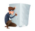 Evil Insidious Cruel Thief Tries to Open Safe Strongbox with Values Steal Character Icon Cartoon Design Vector