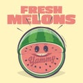 Funny cartoon illustration of a fresh melon in retro style