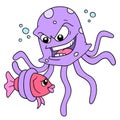 An evil octopus is catching a fish that is powerless to eat, doodle icon image kawaii