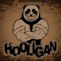 Evil panda-hooligan image on a wooden background.