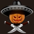 Evil pumpkin for Halloween in a sombrero with knives