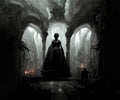 evil queen in black dress standing in creepy dungeon interior. Halloween moody scene