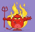 Evil Red Devil Cartoon Character Holding A Pitchfork Over Flames Royalty Free Stock Photo