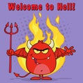 Evil Red Devil Cartoon Character Holding A Pitchfork  Over Flames Royalty Free Stock Photo