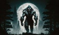 evil scary werewolf monster at night in forest on a full moon. Generative AI illustration Royalty Free Stock Photo