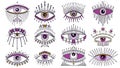 Evil Seeing eye symbol set. Occult mystic emblem, graphic design tattoo. Esoteric sign alchemy, decorative style, providence sight