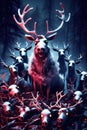 Evil sinister christmas Reindeer horror, spooky, terror above a pile of corpses