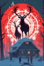 Evil sinister christmas Reindeer horror, spooky, terror above a pile of corpses