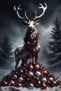 Evil sinister christmas Reindeer horror, spooky, terror above a pile of corpses