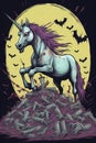 Evil sinister unicorn horror, spooky, terror above a pile of corpses