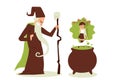 Evil sorcerer cast spell on woman, old wizard with beard and staff, vector illustration